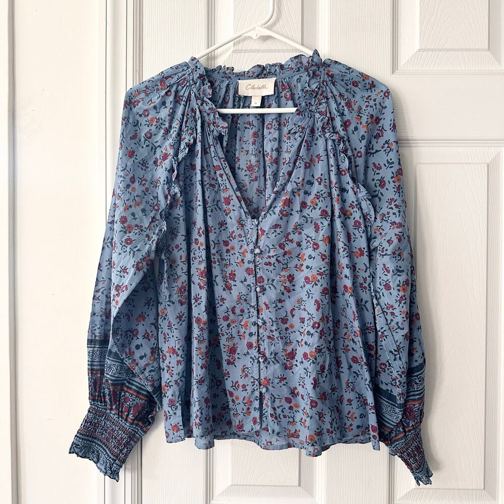 Cleobella Arianna Powder Blue Floral Print Button Front Boho Puff Blouse Medium - Picture 2 of 9